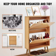 Shoe Rack - Shoe Cabinet - Modern Minimalist - 2 Folding Drawers - 60 x 16.8 x 87.7 cm - PVC Rattan - Wood Color