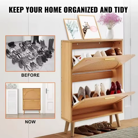 Shoe Rack - Shoe Cabinet - Modern Minimalist - 2 Folding Drawers - 60 x 16.8 x 87.7 cm - PVC Rattan - Wood Color