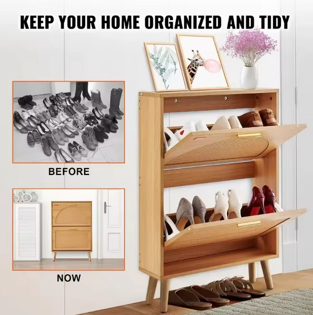 Shoe Rack - Shoe Cabinet - Modern Minimalist - 2 Folding Drawers - 60 x 16.8 x 87.7 cm - PVC Rattan - Wood Color