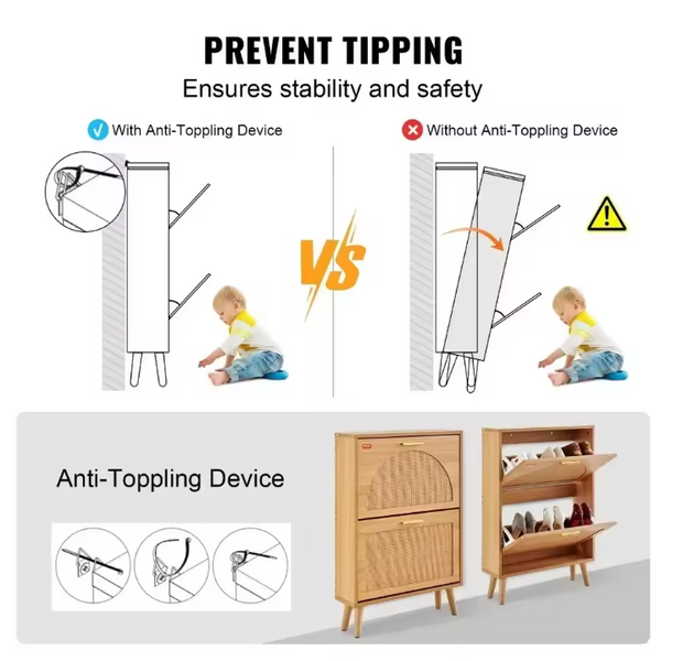 Shoe Rack - Shoe Cabinet - Modern Minimalist - 2 Folding Drawers - 60 x 16.8 x 87.7 cm - PVC Rattan - Wood Color