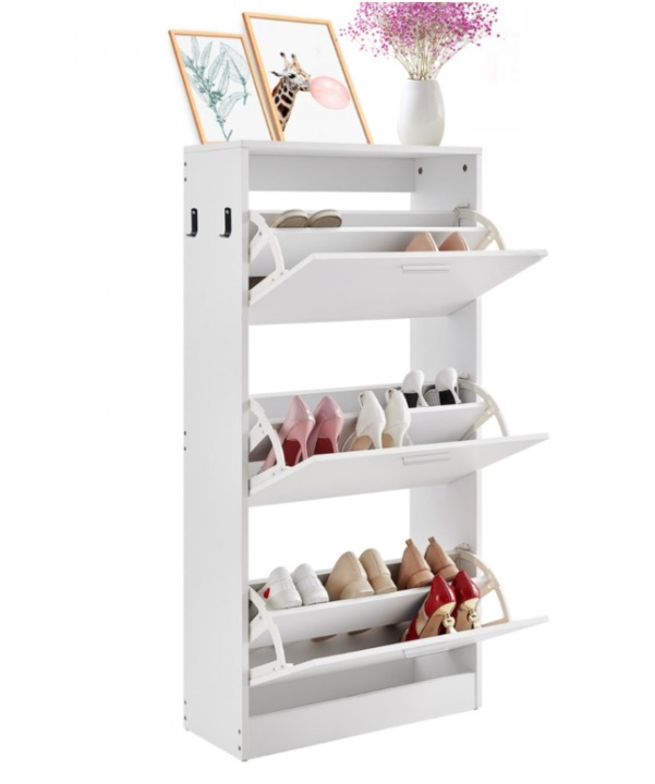 Shoe rack - Shoe cabinet - 3 folding drawers - 60 x 23.7 x 120 cm - P2 chipboard - white