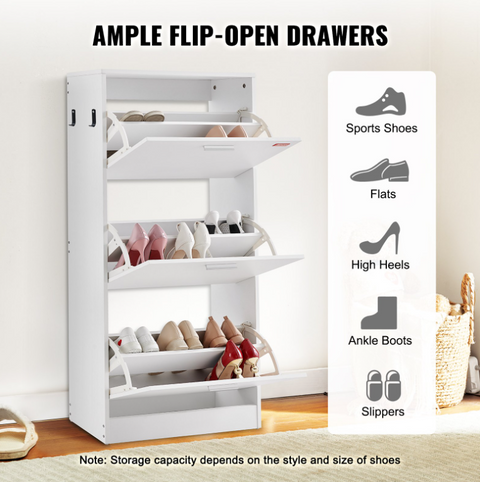 Shoe rack - Shoe cabinet - 3 folding drawers - 60 x 23.7 x 120 cm - P2 chipboard - white
