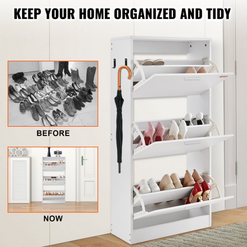 Shoe rack - Shoe cabinet - 3 folding drawers - 60 x 23.7 x 120 cm - P2 chipboard - white