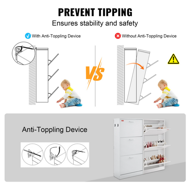 Shoe rack - Shoe cabinet - 3 folding drawers - 60 x 23.7 x 120 cm - P2 chipboard - white