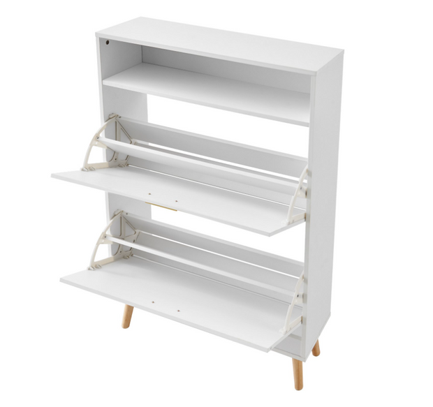 Shoe Rack - Shoe Cabinet - 2 Folding Drawers - Top - Storage Space - Cubby - 80 x 23.7 x 120.5 cm - Chipboard - PVC Rattan - Solid Wood - White