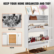 Shoe Rack - Shoe Cabinet - 2 Folding Drawers - Top - Storage Space - Cubby - 80 x 23.7 x 120.5 cm - Chipboard - PVC Rattan - Solid Wood - White