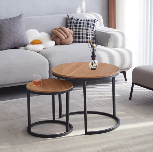 Tafel - 2pcs - Scandinavische Ronde Tafel - Modern Minimalistisch - Massief Houten Deksel - Stalen Frame - L60 x B60 x H44.5cm (Groot)- L40 x B40 x H34.5cm (Klein) - Donkere Eik - QUORE