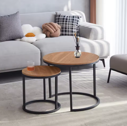 Tafel - 2pcs - Scandinavische Ronde Tafel - Modern Minimalistisch - Massief Houten Deksel - Stalen Frame - L60 x B60 x H44.5cm (Groot)- L40 x B40 x H34.5cm (Klein) - Donkere Eik - QUORE