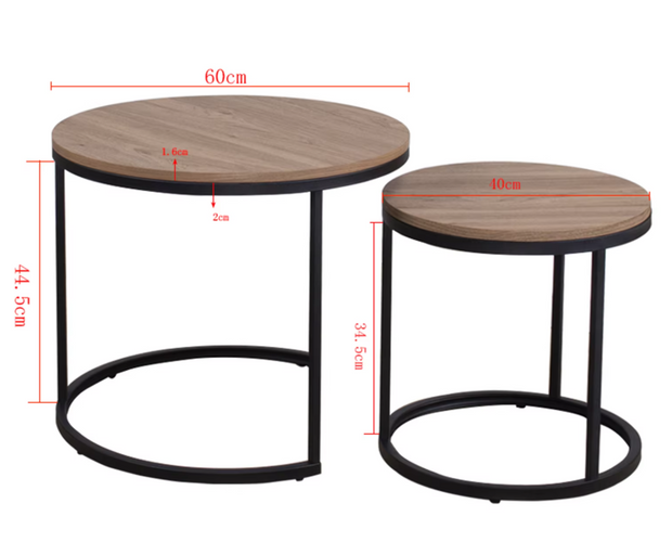 Table - 2pcs - Scandinavian Round Table - Modern Minimalist - Solid Wood Lid - Steel Frame - L60 x W60 x H44.5cm (Large) - L40 x W40 x H34.5cm (Small) - Dark Oak