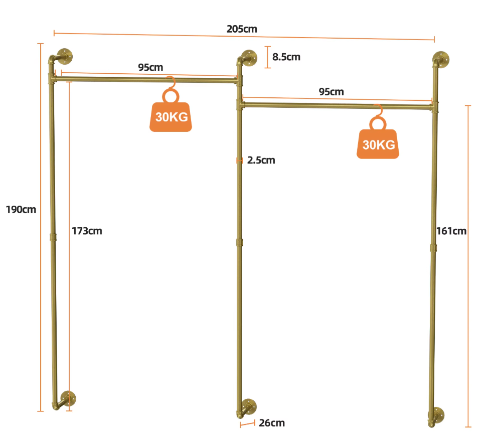 Kledingrek - Kledingroede - Kledingrek metaal - Wandgemonteerd - Industrieel Pijp Kledingrek - 205x190cm/ 80.7x74.8 inch - Goud - QUORE