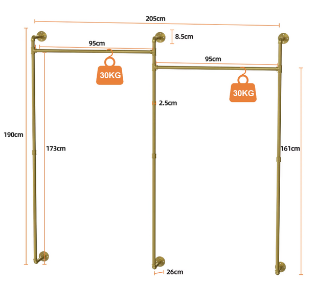 Kledingrek - Kledingroede - Kledingrek metaal - Wandgemonteerd - Industrieel Pijp Kledingrek - 205x190cm/ 80.7x74.8 inch - Goud