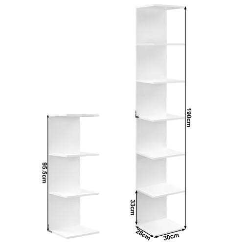 Freestanding Bookcase - Storage Cabinet - Storage Rack - High Shelf Cabinet - Standing Cabinet - 7 Levels - Flexible Layout - Durable &amp; Sturdy - 30x189.5x28cm - White