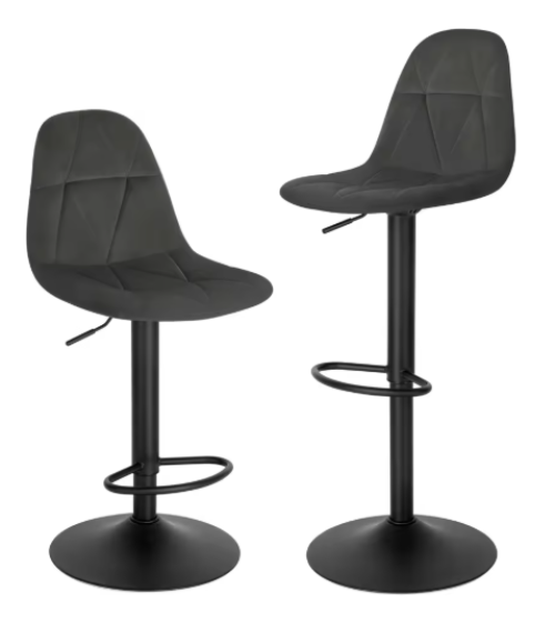 Bar Stools - Set of 2 Ergonomic Bar Chairs - Velvet Seat with Backrest - Adjustable Height (60-81 cm) - 360° Swivel - Stable Base - Dark Gray