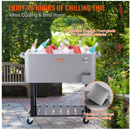 Rollende IJskist - Koeler Kar - Grijs - 80 Qt - Draagbare Bar Drinkkoeler - Voor Terras, Achtertuin, Feest - 46x93x89cm