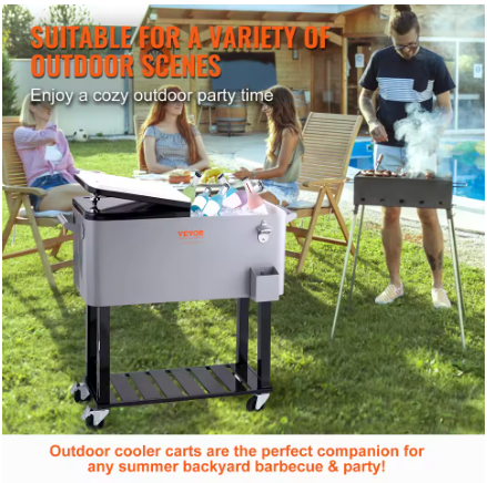 Rollende IJskist - Koeler Kar - Grijs - 80 Qt - Draagbare Bar Drinkkoeler - Voor Terras, Achtertuin, Feest - 46x93x89cm