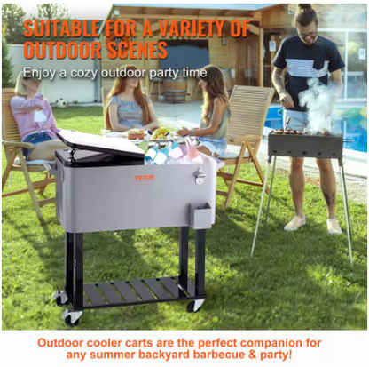 Rollende IJskist - Koeler Kar - Grijs - 80 Qt - Draagbare Bar Drinkkoeler - Voor Terras, Achtertuin, Feest - 46x93x89cm