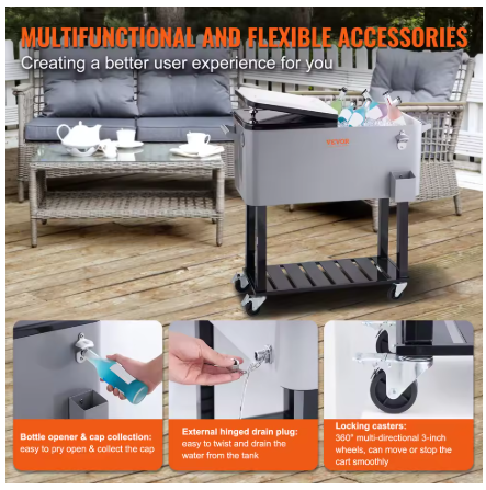 Rollende IJskist - Koeler Kar - Grijs - 80 Qt - Draagbare Bar Drinkkoeler - Voor Terras, Achtertuin, Feest - 46x93x89cm