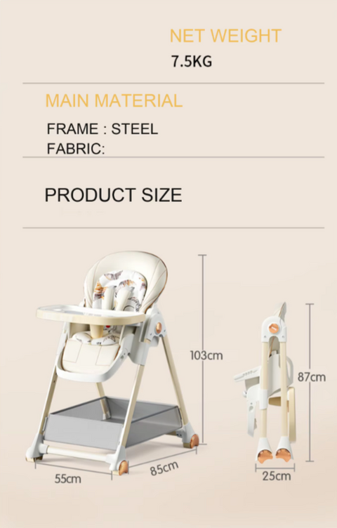 Kinderstoel - Eetstoel - Voedingstoel - Verstelbare Babystoel – Voederstoel met Dubbele Tafels – Opvouwbaar & Veilig – Unisex - Khaki