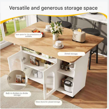 Keukeneiland - Modern Keukeneiland - Keukenkast - Uitneembare Serveerwagen Buffetkast - Eetkamerwagen - met Houtnerf - Buffetkast - Multifunctionele Eettafel - met Opbergruimte