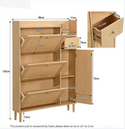 Houten Rotan Schoenenkast - Schoenenkast met 3 Schuine Deuren en 1 Lade - Massief Houten Poten en Handgrepen - Voor Smalle Ingangen - 90 x 125 x 17 cm