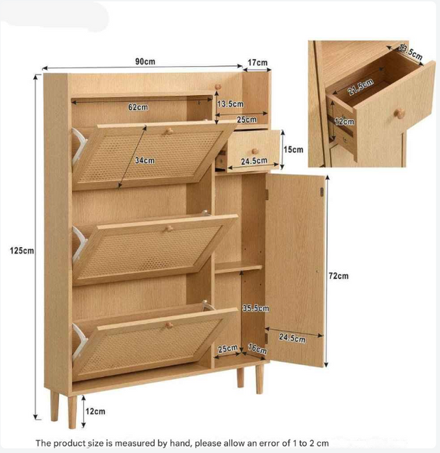 Houten Rotan Schoenenkast - Schoenenkast met 3 Schuine Deuren en 1 Lade - Massief Houten Poten en Handgrepen - Voor Smalle Ingangen - 90 x 125 x 17 cm