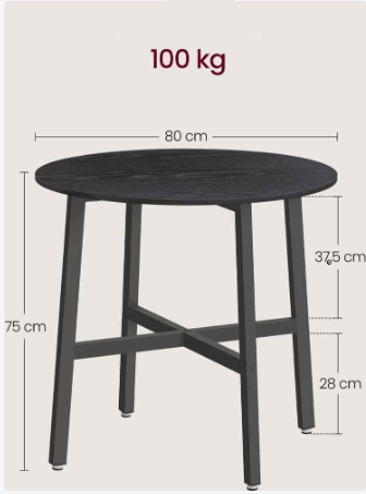 Ronde Eettafel - Spaanplaat Staal - Moderne tafel - 80cm D, 75cm H - Ebbenhout Zwart-Inktzwart - 10,8 kg - 100 kg capaciteit