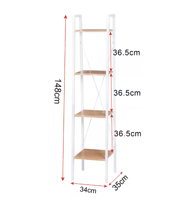 4-Lagen Opbergplank - Industrieel Opbergrek van Hout en Metaal - Smal Open Kast - Opbergmeubel - voor Woonkamer - Slaapkamer en Keuken - 34 x 35 x 148 cm - Wit