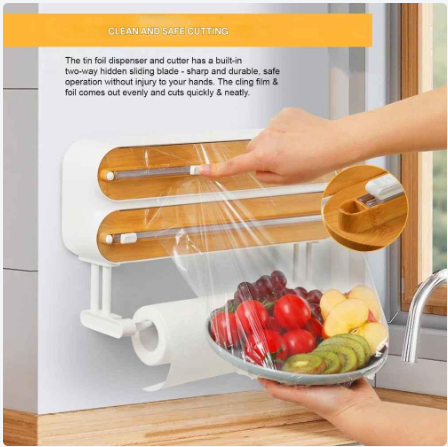 Keukenrolhouder voor Muur - 3-Way Foliesnijder - Magnetische Vershoudfolie Dispenser - met Scherpe Snijder - Verbeterde Foliedispenser - Vershoudfoliesnijder met Keukenrolhouder - Wit