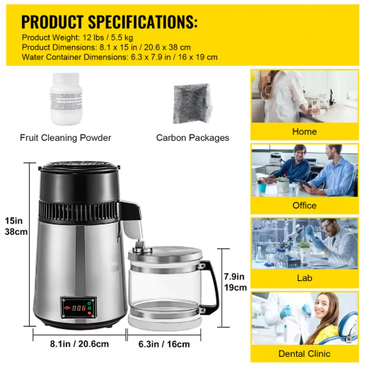 Waterdestilleerder – Waterfilter & Waterzuiveringsapparaat – 220V - 50Hz – Oververhittingsbeveiliging – 304 Roestvrij Staal & Borosilicaatglas – Zilver