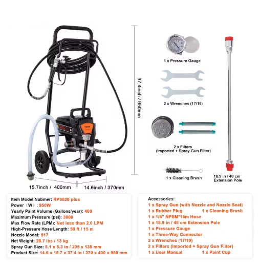 Draagbaar - Professionele Airless Verfspuit - Met Wielen - Met Kar - 950W - 3000psi