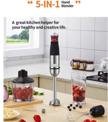 Professionele Staafmixer - Set 5-in-1 - Keukenmachine - 1200W - RVS - Incl. Hakmolen - Kom - Eierklopper - Melkopschuimer