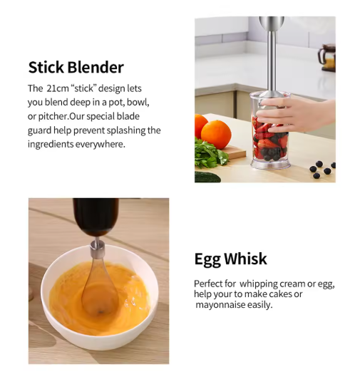 Professionele Staafmixer - Set 5-in-1 - Keukenmachine - 1200W - RVS - Incl. Hakmolen - Kom - Eierklopper - Melkopschuimer
