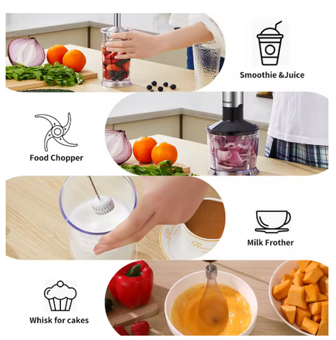 Professionele Staafmixer - Set 5-in-1 - Keukenmachine - 1200W - RVS - Incl. Hakmolen - Kom - Eierklopper - Melkopschuimer