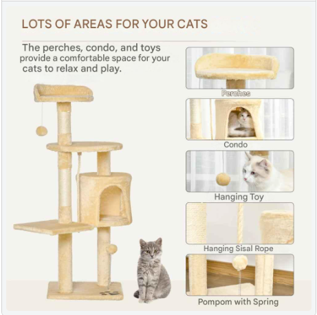 Kattenkrabpaal - Krabpaal - met Huisje - Meerdere Niveaus - Platforms en Speelballen - 114 cm Hoog - Stevig en Duurzaam - Beige - QUORE