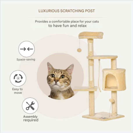 Kattenkrabpaal - Krabpaal - met Huisje - Meerdere Niveaus - Platforms en Speelballen - 114 cm Hoog - Stevig en Duurzaam - Beige - QUORE
