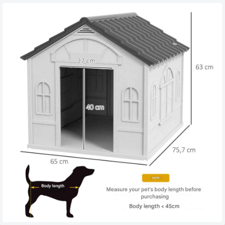 Hondenhok - Weerbestendig Ontwerp - Hondenhok Buiten - 65x75,7x63 cm - Kunststof Met Ventilatie - Waterafstotend Dak - Voor Middelgrote Honden - Eenvoudig Schoon te Maken - Grijs en Wit - QUORE