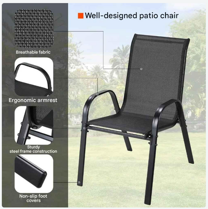 Tuinstoelen - Set van 4 - Stoelen - Metalen - Stapelbare - Weerbestendige  - Ademend Textileen - Geschikt voor Terras - en Balkon - Comfortabel en Ademend - Draagvermogen 150 kg - Grijs - QUORE