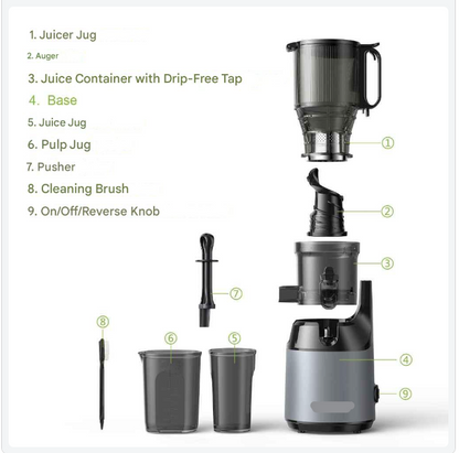 Slowjuicer - Juicer - Cold Press - met 130mm Vulopening - 1.8L - 65 RPM - BPA-vrij - Hoge Sapopbrengst - Geschikt voor Hele Groenten en Fruit - Makkelijk Schoon te Maken