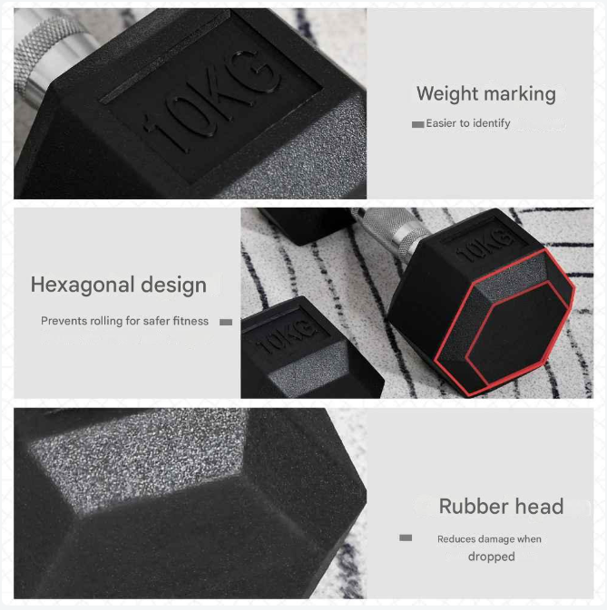 Halterset - 20 kg - Halterstang - Set van 2 Dumbbells - Hexagonaal Design - Met Rubberen Coating - Voor Krachttraining - en Fitness - Zwart en Zilver
