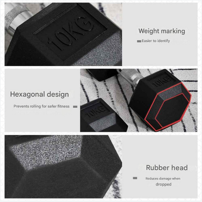 Halterset - 20 kg - Halterstang - Set van 2 Dumbbells - Hexagonaal Design - Met Rubberen Coating - Voor Krachttraining - en Fitness - Zwart en Zilver