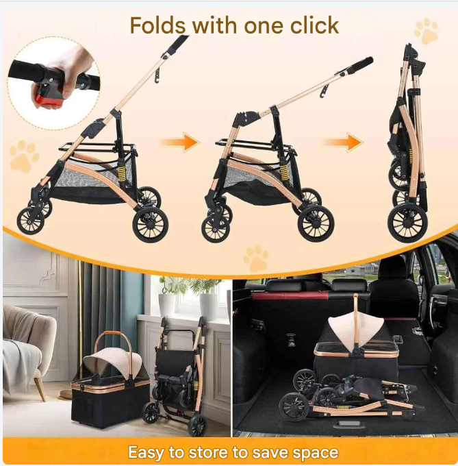 Hondenbuggy - 2-in-1 Wagen - Huisdieren - Vouwbare - Afneembare Reisdrager - en Autostoeltje - 360° Slijtvrije Rubberwielen - met Opbergmand - Gaasvensters - Drinkhouder - Voor Kleine Honden en Katten - Tot 40 kg - Zwart en Zilver