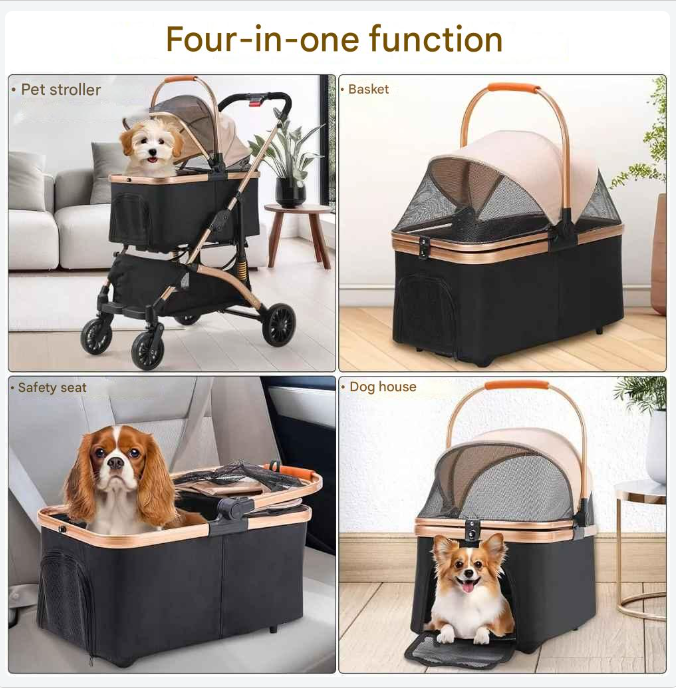 Hondenbuggy - 2-in-1 Wagen - Huisdieren - Vouwbare - Afneembare Reisdrager - en Autostoeltje - 360° Slijtvrije Rubberwielen - met Opbergmand - Gaasvensters - Drinkhouder - Voor Kleine Honden en Katten - Tot 40 kg - Zwart en Zilver
