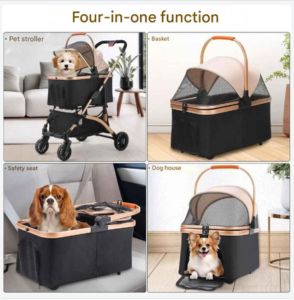 Hondenbuggy - 2-in-1 Wagen - Huisdieren - Vouwbare - Afneembare Reisdrager - en Autostoeltje - 360° Slijtvrije Rubberwielen - met Opbergmand - Gaasvensters - Drinkhouder - Voor Kleine Honden en Katten - Tot 40 kg - Zwart en Zilver