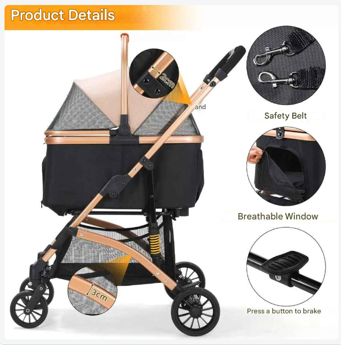 Hondenbuggy - 2-in-1 Wagen - Huisdieren - Vouwbare - Afneembare Reisdrager - en Autostoeltje - 360° Slijtvrije Rubberwielen - met Opbergmand - Gaasvensters - Drinkhouder - Voor Kleine Honden en Katten - Tot 40 kg - Zwart en Zilver