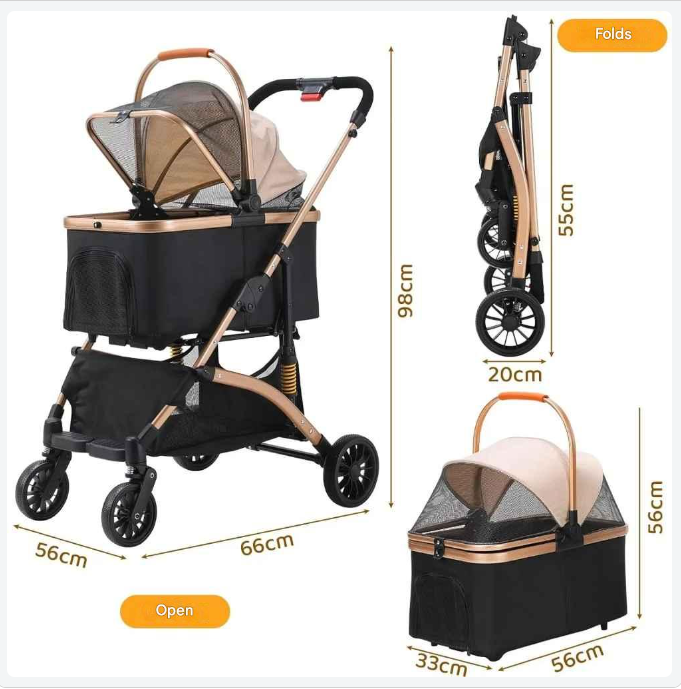 Hondenbuggy - 2-in-1 Wagen - Huisdieren - Vouwbare - Afneembare Reisdrager - en Autostoeltje - 360° Slijtvrije Rubberwielen - met Opbergmand - Gaasvensters - Drinkhouder - Voor Kleine Honden en Katten - Tot 40 kg - Zwart en Zilver