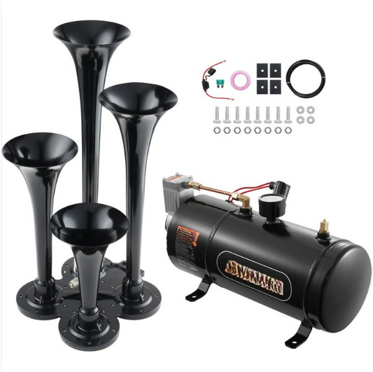Treinhoornset - Luchthoornset Met 4 Trompetten - 170w - 150db TreinhoornUp Trucks - 12v 120psi Luchtcompressor - 3l Tank Met Manometer - Voor Elk 12v Voertuig - Auto, Vracht Voor Pick - Bestelwagen - Zwart - QUORE