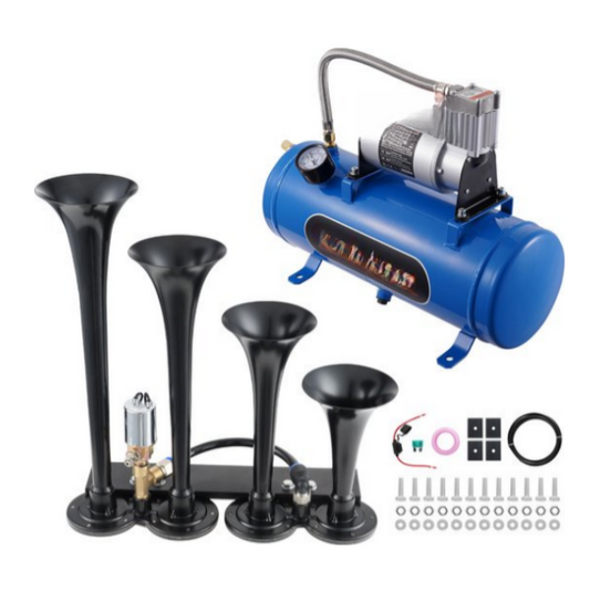 Treinhoornset - 4 Trompetluchthoornset - 190w- 150db Treinhoorn Voor Pic-Ups - 12v 90-120psi Luchtcompressor - 6l Tank Met Manometer - Voor Elk 12v Voertuig - Vrachtwagen - Bestelwagen - Boot -Blauw
