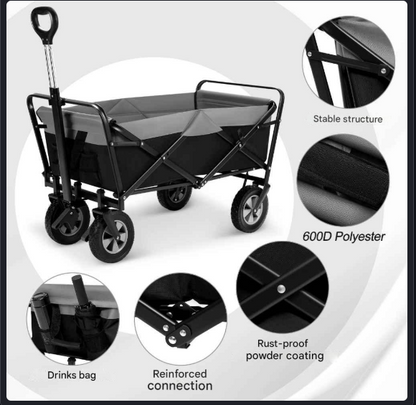 Tuinwagen - Tuinkar - Bolder - Transport - Strand - Boodschappen - Heavy-duty - Plat- en - Hekwerkontwerp - Voor Tuin - Erf - en Magazijn - Ergonomische Handgreep - 100L - 360° Draaibare Wielen - Draagvermogen 80kg - Zwart en Grijs - QUORE