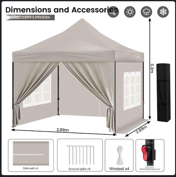 Tuinpaviljoen - 3x3m - Partytent - Verstelbare Hoogte - Gazebo - 4  Afneembare Zijpanelen - met Vensters - UV-Bestendig - Waterdichte - Grijs