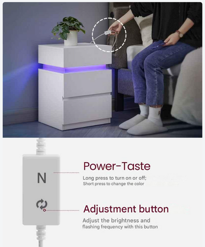 Nachtkastje - Bijzettafel - Salontafel - met LED Verlichting - Kast met 3 Lades - Moderne - Verstelbare Kleuren & Modus – voor Slaapkamer - Woonkamer - Kantoor - Wit - QUORE
